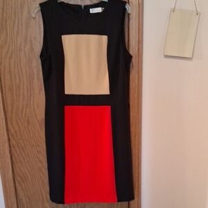 Calvin Klein Black, Red, and Tan Colorblock Midi Dress